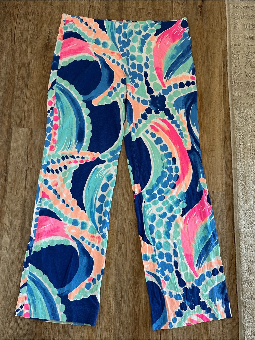 Lilly Pulitzer Wide Leg Pants in Navy, Turquoise & Coral Swirl Print - Picture 3 of 5